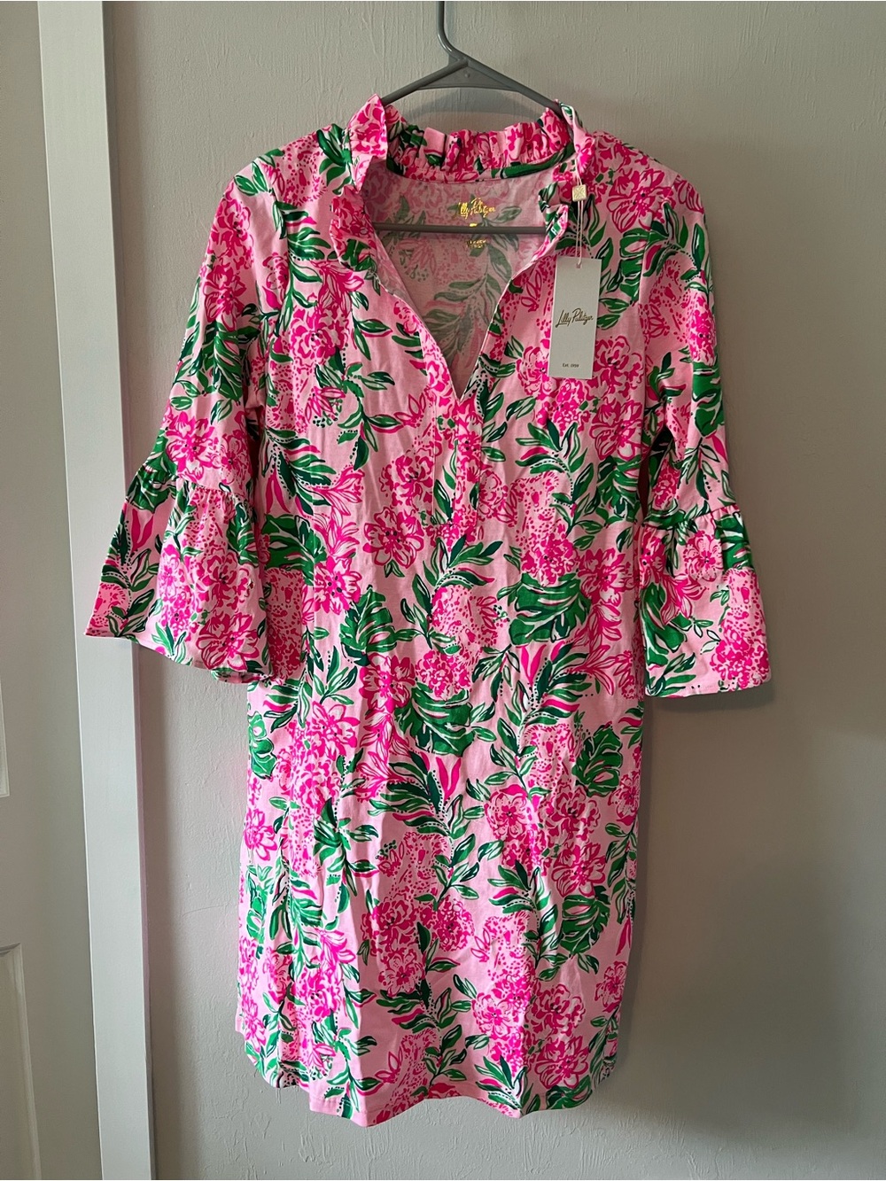 Lilly Pulitzer Pink Floral Shift Dress with Green Leaf Print